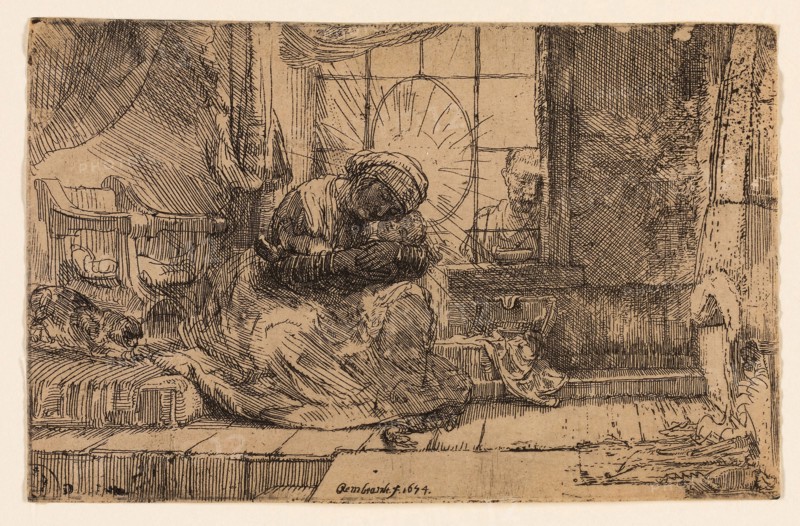 The Virgin and Child with the Cat and the Snake, 1654, Rembrandt van Rijn, Dutch, 1606-1669, Holland, Etching on cream Japanese paper, 91 x 142 mm (image/sheet, cut within plate mark)