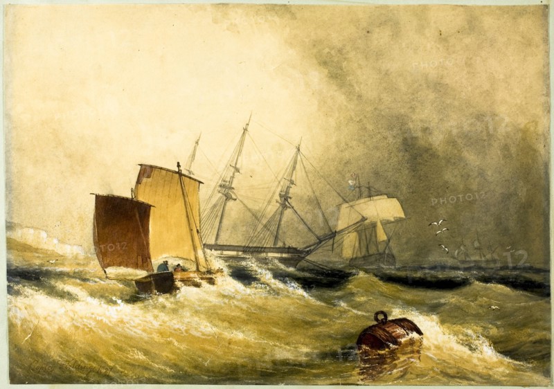 Marine Scene, n.d., possibly or an imitator of Anthony Vandyke Copley Fielding, English, 1787-1855, England, Watercolor and gouache, with scraping, heightened with varnish, over traces of graphite, on cream wove paper, laid down on green wove paper, 244 × 350 mm