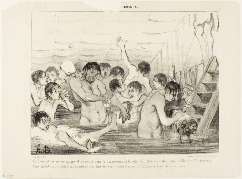 The source of the Seine is the Cote d’Or, and it empties into the Channel. On its way it traverses Paris where the inhabitants escape the summer’s heat and try to find freshness and purity in this river, plate 3 from Les Baigneurs, 1839, Honoré Victorin Daumier, French, 1808-1879, France, Lithograph in black on ivory wove paper, 204 × 270 mm (image), 253 × 342 mm (sheet)