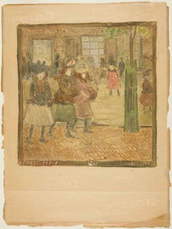 Street Scene, c. 1891–94, Maurice Prendergast, American, 1858-1924, United States, Color monotype on paper, 202 x 200 mm