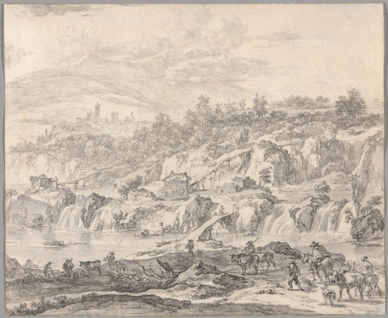 Landscape with Waterfalls and Bridges, Peasants in the Foreground, c. 1670, Nicolaes Berchem, the Elder, Dutch, 1621/22-1683, Netherlands, Black chalk, with brush and black wash, on cream laid paper, 253 x 307 mm