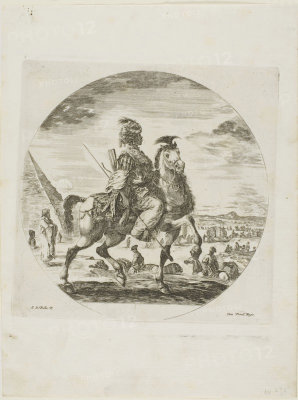 Black Horseman, c. 1651, Stefano della Bella, Italian, 1610-1664, Italy, Etching in black on ivory laid paper, 190 x 190 mm (sheet)