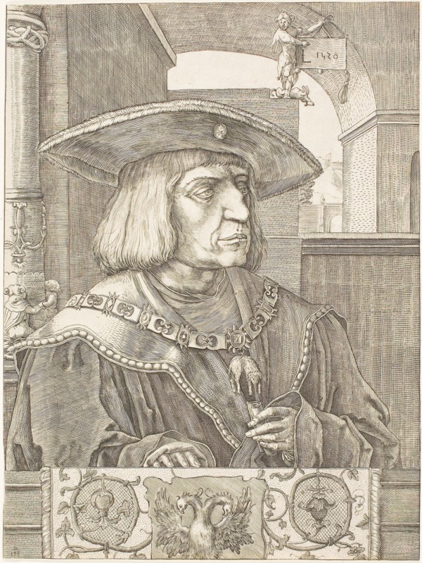 Emperor Maximilian I, 1520, Attributed to Jan Müller (Dutch, 1540-1617), after Lucas van Leyden (Netherlandish, c. 1494-1533), Netherlands, Engraving in black on cream laid paper, 256 x 193 mm (image/sheet, trimmed within plate mark)