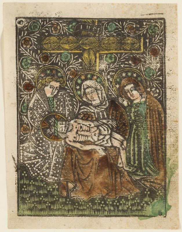 The Pietà, 1460–65, Bavarian, 15th century, Germany, Metalcut in black hand colored with brush and watercolor in yellow, red-brown lake, and green, on ivory laid paper, with manuscript text in pen and brown ink on verso, 100 × 75 mm (plate), 105 × 80 mm (sheet)