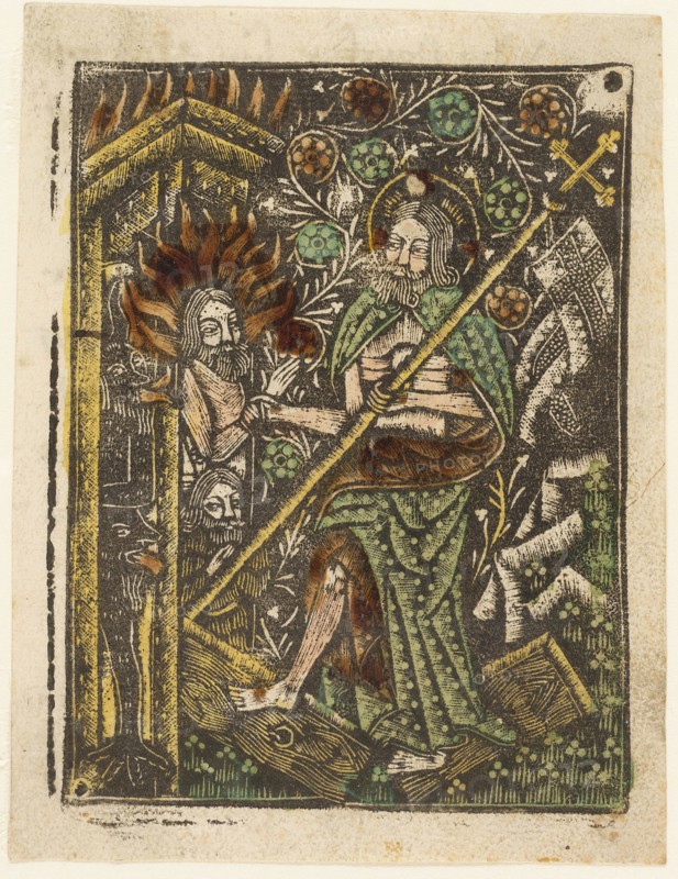 Christ in Limbo, 1460–65, Bavarian, 15th century, Germany, Metalcut in black hand colored with brush and watercolor in yellow, red-brown lake, and green, on ivory laid paper, with manuscript text in pen and brown ink on verso, 100 × 75 mm (plate), 105 × 80 mm (sheet)