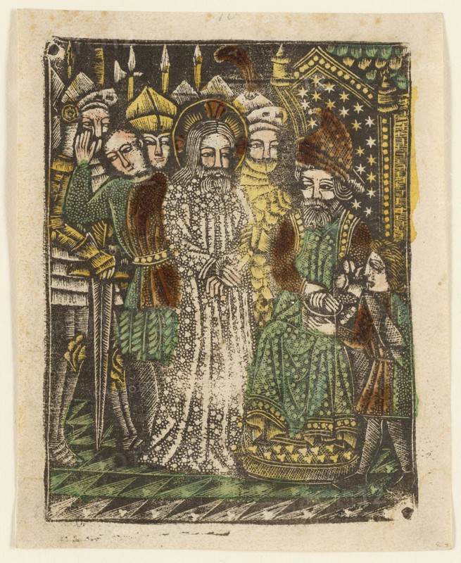 Christ before Pilate, 1460–65, Bavarian, 15th century, Germany, Metalcut in black hand colored with brush and watercolor in yellow, red-brown lake, and green, on ivory laid paper, with manuscript text in pen and brown ink on verso, 100 × 75 mm (plate), 105 × 80 mm (sheet)