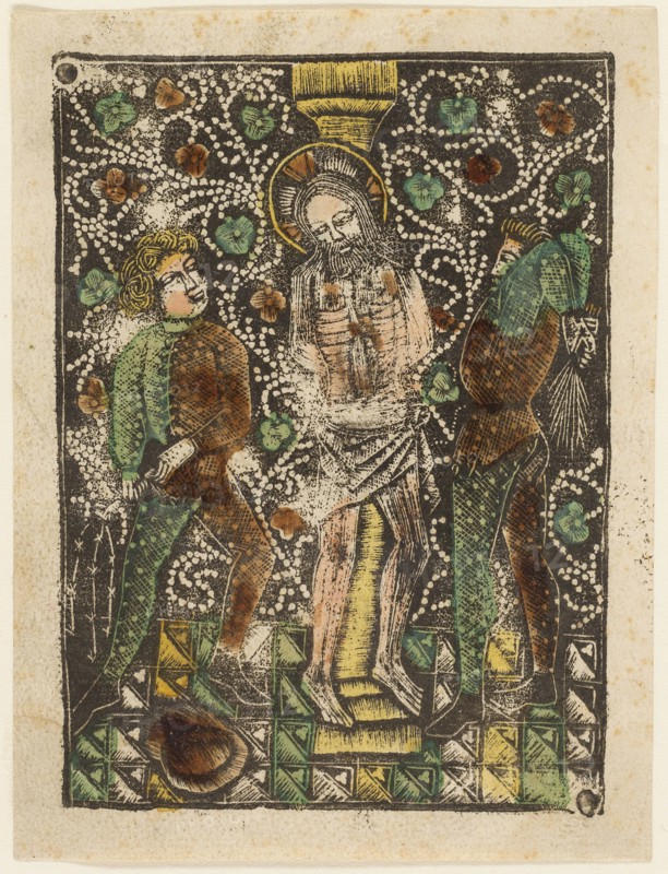 The Flagellation, 1460–65, Bavarian, 15th century, Germany, Metalcut in black hand colored with brush and watercolor in yellow, red-brown lake, and green, on ivory laid paper, with manuscript text in pen and brown ink on verso, 100 × 75 mm (plate), 105 × 80 mm (sheet)
