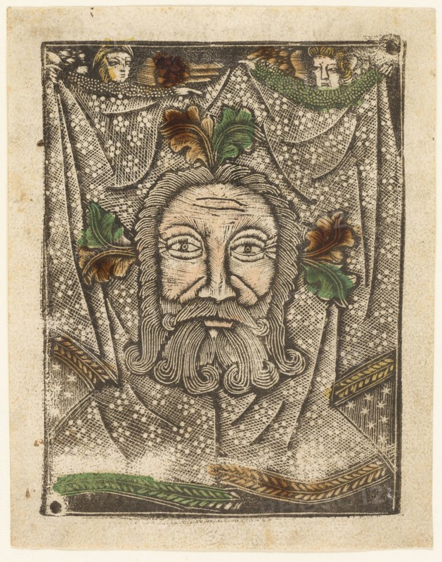 The Sudarium, 1460–65, Bavarian, 15th century, Germany, Metalcut in black hand colored with brush and watercolor in yellow, red-brown lake, and green, on ivory laid paper, with manuscript text in pen and brown ink on verso, 100 × 75 mm (plate), 105 × 80 mm (sheet)