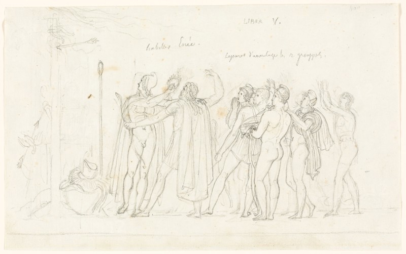 The Archery Match, from the Aeneid, Book V, c. 1823, Anne-Louis Girodet de Roucy-Trioson, French, 1767-1824, France, Black crayon on blue-gray laid paper, 197 × 316 mm