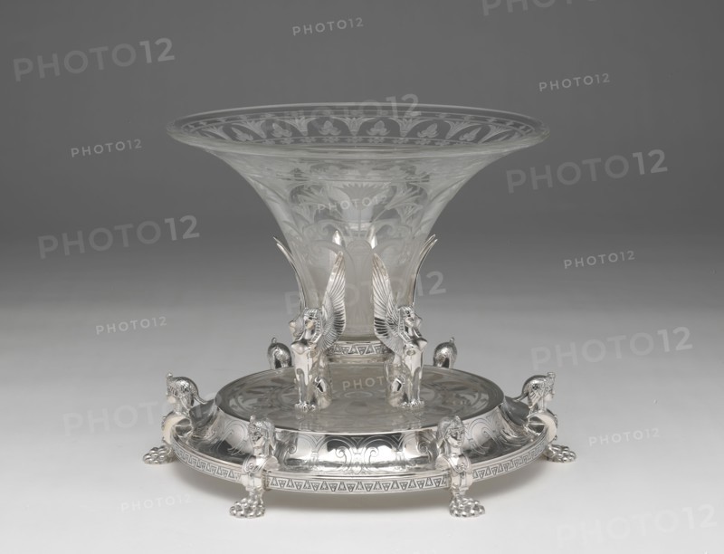 Centerpiece, c. 1880, Dominick and Haff, American, active 1872–1928, Retailed by Cowell and Hubbard Co., American, founded 1861, New York, New York, Silver and engraved glass, Diam. of vase: 28.3 × 30 cm (11 1/8 × 11 13/16 in.), 2763 g