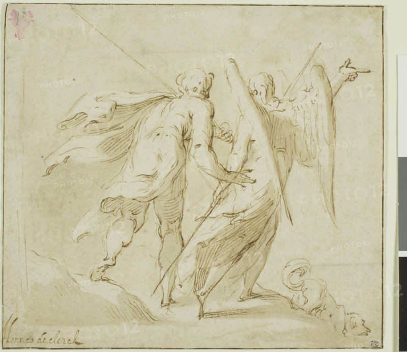 Tobias and the Angel, 1500/77, Michel Joseph Speeckaert (Flemish, 1748-1838), or Hendrik de Clerck (Flemish, 1570-1629), Flanders, Pen and brown ink, with brush and brown wash, on ivory laid paper, 147 × 161 mm