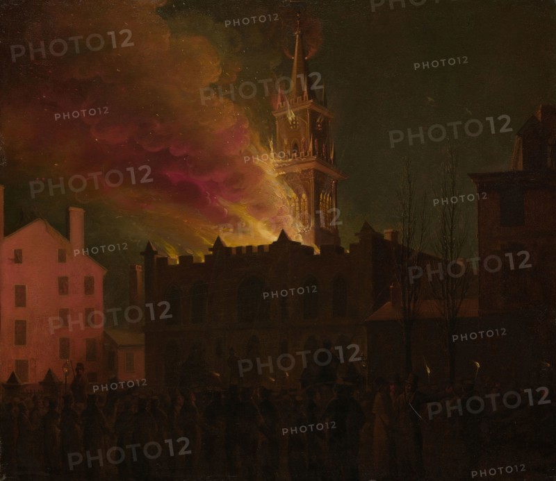 Conflagration of the Masonic Hall, Chestnut Street, Philadelphia, Pennsylvania, 1819, Samuel Jones, American, 19th century, Possibly John Lewis Krimmel, American, born Germany, 1786–1821, United States, Oil on mahogany panel, 48.4 × 60 cm (19 1/6 × 22 1/6 in.)