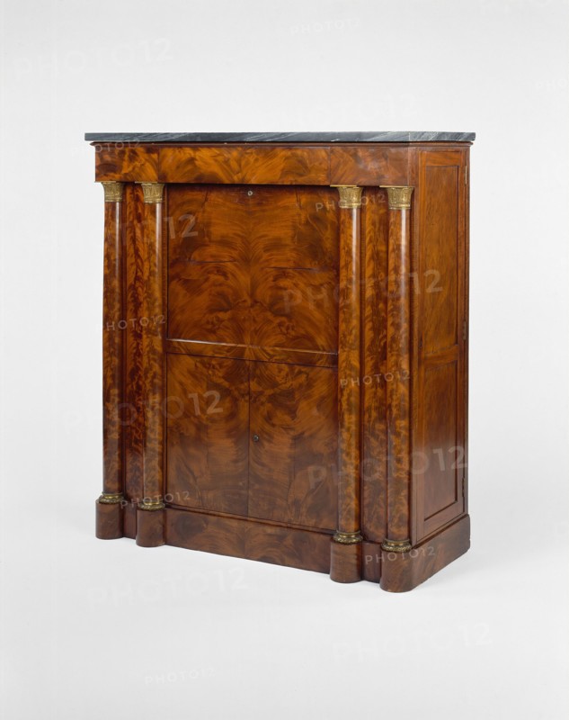Secrétaire à abattant, 1820/25, American, 19th century, Boston, Boston, Mahogany, mahogany veneer, pine, black marble, ormolu, and brass, 145.4 × 133 48.4 cm (57 1/4 × 52 3/8 × 19 1/6 in.)