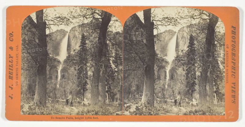 Yo Semite Falls, height 2,634 feet, c. 1876, J. J. Reilly & Co., American, active late 1870s, United States, Albumen print, stereo, from the series "Yo Semite Valley, Cal.