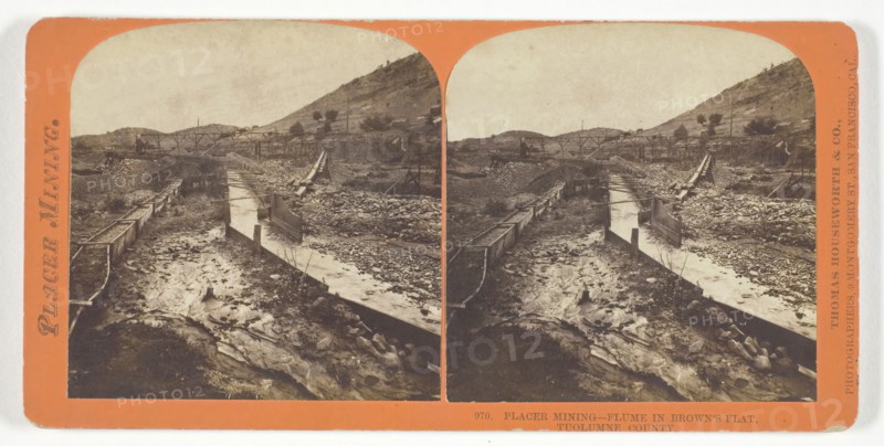 Placer Mining, Flume in Brown’s Flat, Tuolumne County, c. 1868, Thomas Houseworth & Co., American, 1828–1915, United States, Albumen print, stereo, No. 970 from the series "Placer Mining
