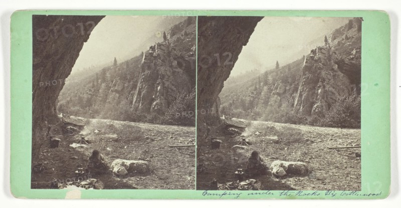 Camping Under the Rocks, Big Cottonwood, 1859/62, Charles Roscoe Savage, American, born England, 1832–1909, United States, Albumen print, stereo, 8 x 7.6 cm (each image), 8.7 x 17.6 cm (card)