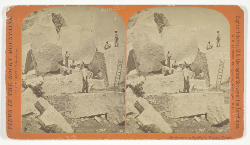Quarrying Granite for Mormon Temple, 1870/78, William Henry Jackson, American, 1843–1942, United States, Albumen print, stereo, No. 119 from the series "Views in the Rocky Mountains