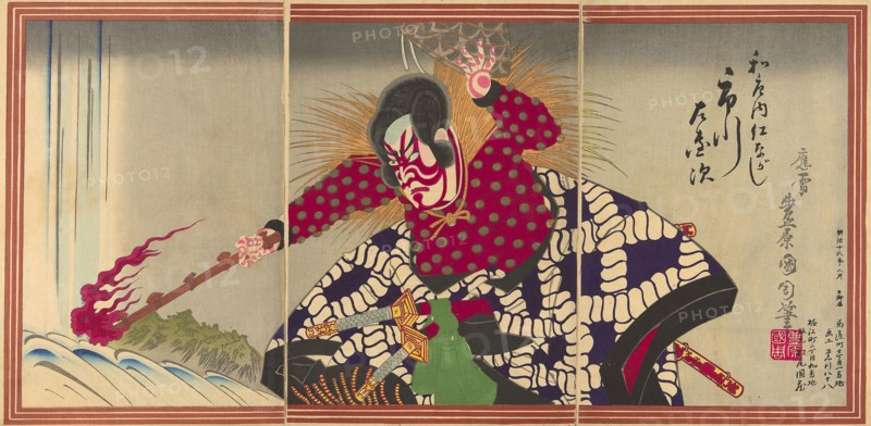 The actor Ichikawa Sadanji I as Watonai, 1883, Toyohara Kunichika, Japanese, 1835-1900, Japan, Color woodblock print, oban triptych, 74.5 x 36.8 cm