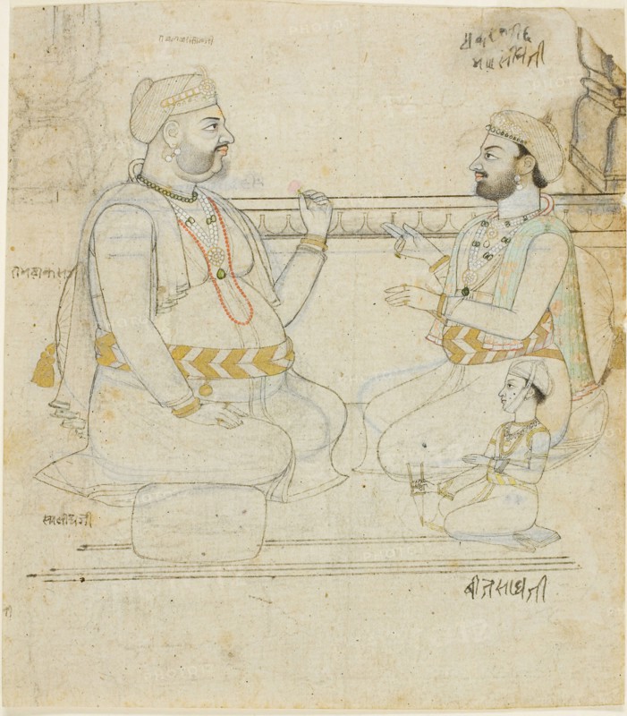 Two Rajput Noblemen with a Child, late 18th century, India, Rajasthan, Jaipur, India, Ink, color and gold on paper, 13.8 x 12 cm (5 3/8 x 4 3/4 in.)