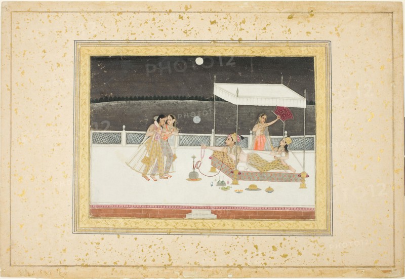 Seduction Scene on a Terrace by Moonlight, 18th century, India, possibly West Bengal, Murshidabad, Murshidabad, Opaque watercolor with gold on paper, Image: 16.8 x 23.5 cm (6 5/8 x 9 1/4 in.)