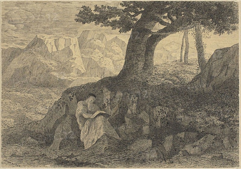 Hermit in Landscape, c. 1866, Odilon Redon, French, 1840-1916, France, Pen and black ink on tan card, 120 × 172 mm
