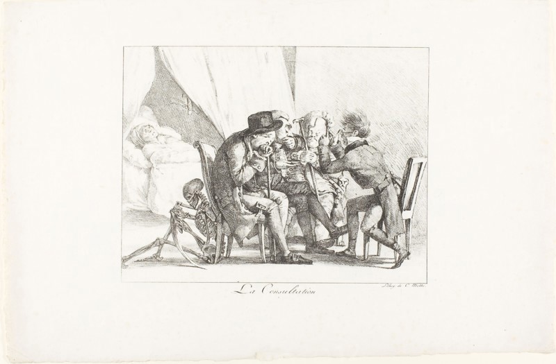The Consultation, 1820, Eugène Delacroix (French, 1798-1863), printed by Charles Étienne Pierre Motte (French, 1785-1836), France, Lithograph in black on white laid paper, 192 × 247 mm (image), 294 × 440 mm (sheet)