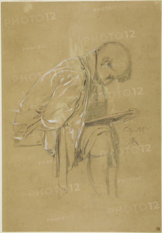 The Chronicler (recto and verso), April 5, 1888 (recto), April 6, 1888 (verso), Max Klinger, German, 1857-1920, Germany, Graphite, heightened with white goauche (recto and verso), on tan wove paper, 432 x 300 mm