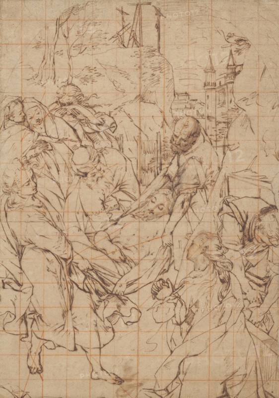 The Entombment of Christ, 1579/93, Federico Barocci (Italian, c. 1535-1612), or follower, Italy, Pen and brown ink, with touches of graphite and a later (?) addition of gray wash to head of Christ, on buff laid paper, squared in red chalk, laid down on cream laid paper, laid down on tan wove paper, 485 x 342 mm