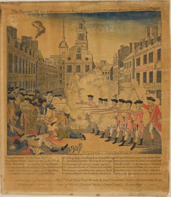 The Boston Massacre, 1770, Paul Revere, II, American, 1735-1818, United States, Wood engraving, with hand coloring, on tan laid paper, 202 x 219 mm (image), 262 x 230 mm (block), 276 x 240 mm (sheet)