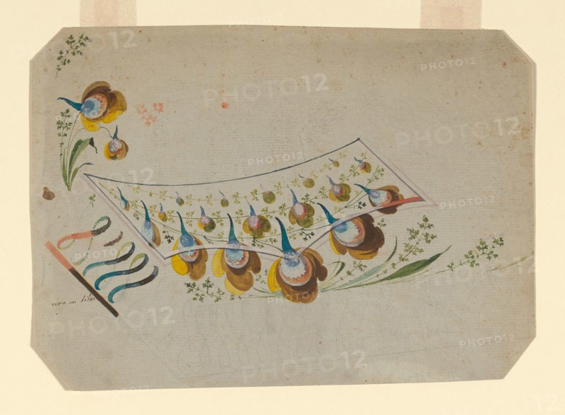Design for an Embroidered Waistcoat Pocket, 1780/90, France, probably Lyon, France, Polychrome floral design with arabesques along lower edge of waistcoat, 22.3 × 31.2 cm (8 3/4 × 12 1/4 in.)