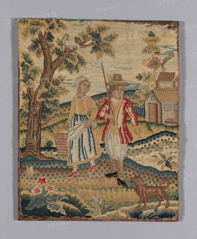 Picture (Needlework), c. 1720, England, Linen, plain weave, embroidered with wool yarns and silk floss in cross, diagonal tent and tent stitches, 37.6 × 30.2 cm (14 3/4 × 11 7/8 in.)