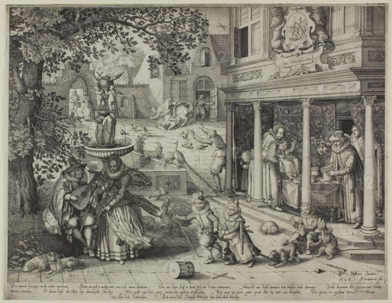 An Allegory of Relations between the Generations, 1608, Pieter Serwouters (Flemish, 1586-1657), After David Vinckboons (Flemish, 1576-1632), Netherlands, Etching and engraving on paper, 257 x 349 mm (image), 258 x 351 mm (plate), 275 x 356 mm (sheet)
