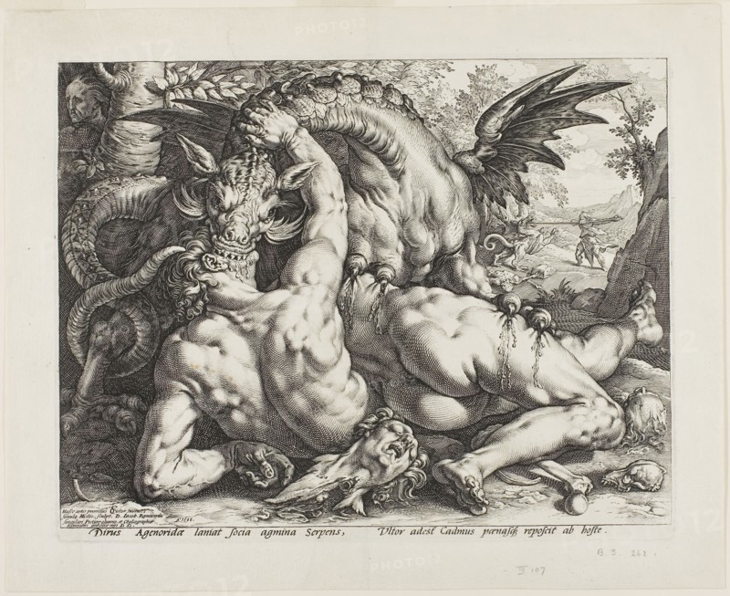 The Dragon Devouring the Companions of Cadmus, 1588, Hendrick Goltzius (Dutch, 1558-1617), after Cornelis Cornelisz. van Haarlem (Dutch, 1562-1638), Netherlands, Engraving of black in on Ivory laid paper, 240 x 317 mm (image), 251 x 321 (plate), 302 x 373 mm (sheet)