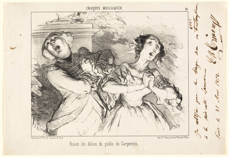 Giving the public the delights of Carpentras, plate 16 from Croquis Musicaux, 1852, Honoré Victorin Daumier, French, 1808-1879, France, Lithograph in black on white wove paper, 230 × 320 mm (image), 252 × 368 mm (sheet)