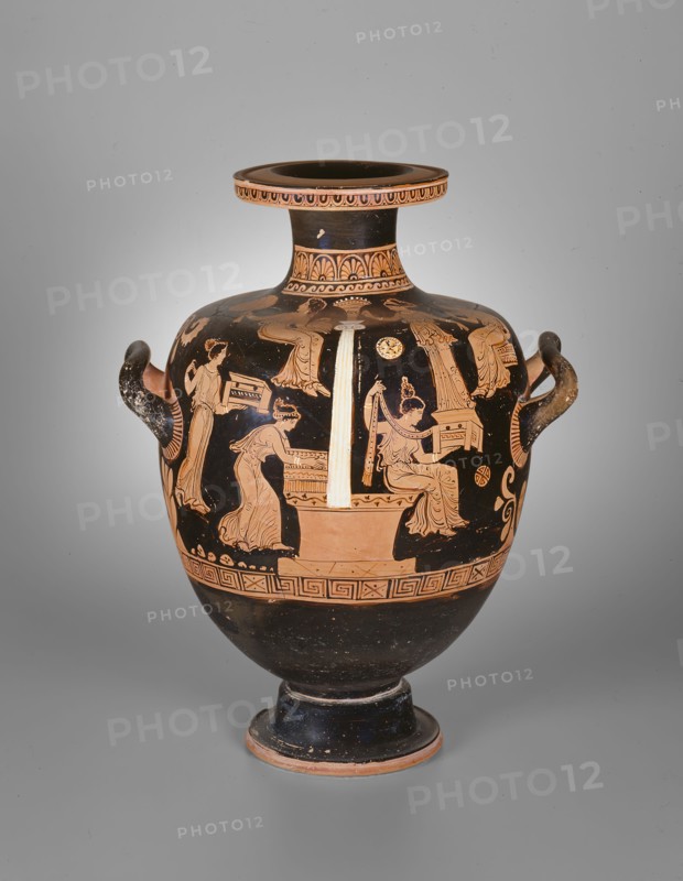 Hydria (Water Jar), 360/350 BC, Attributed to the Iliupersis Painter, Greek, Apulia, Italy, Puglia, terracotta, decorated in the red-figure technique, 53 × 41.2 × 34.2 cm (20 7/8 × 16 1/4 × 13 1/2 in.)
