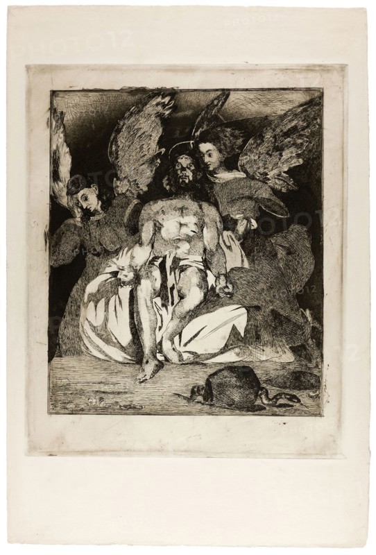 Dead Christ with Angels, 1866/67, Édouard Manet, French, 1832-1883, France, Etching and aquatint in black on ivory laid paper, 395 × 325 mm (image/plate), 542 × 365 mm (sheet)