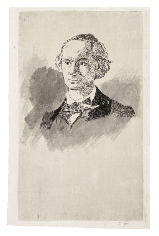 Charles Baudelaire, Full Face III, 1868, Édouard Manet (French, 1832-1883), after Nadar Gaspard Félix Tournachon (French, 1820-1910), France, Etching and plate tone in black heightened with brush and gray wash on ivory laid paper, 166 × 98 mm (image), 170 × 103 mm (plate), 172 × 114 mm (sheet)