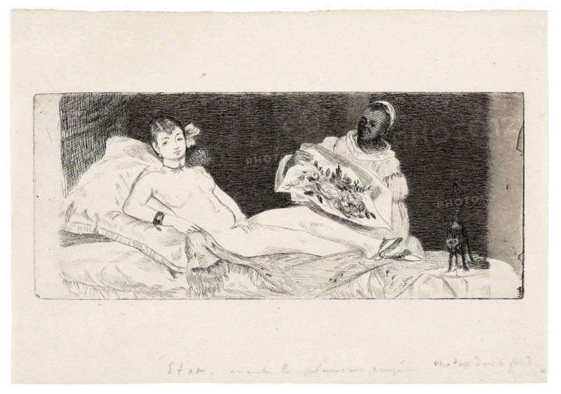 Olympia (published plate), 1867, Édouard Manet, French, 1832-1883, France, Etching and aquatint in black on cream laid paper, 87 × 207 mm (image/plate), 158 × 227 mm (sheet)