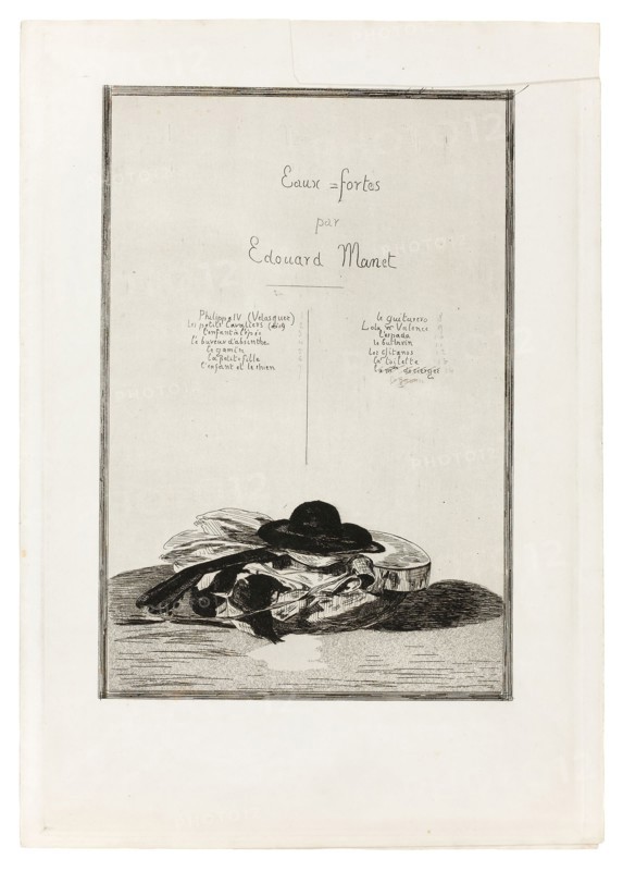 Hat and Guitar, Frontispiece for the edition of fourteen etchings, 1862–63, Édouard Manet, French, 1832-1883, France, Etching, aquatint and drypoint in black on ivory wove paper, 331 × 225 mm (image), 434 × 296 mm (plate), 449 × 318 mm (sheet, folded), 450 × 630 mm (sheet, unfolded)