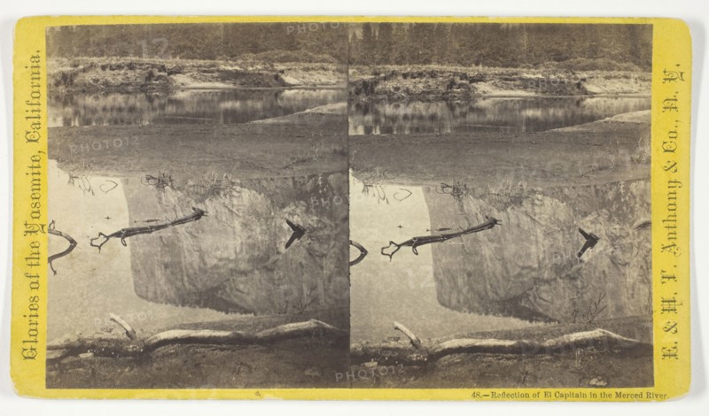 Reflection of El Capitain in the Merced River, 1870/71, Anthony & Company, American, active 1848–1901, United States, Albumen print, stereo, No. 48 from the series "Glories of the Yosemite, California