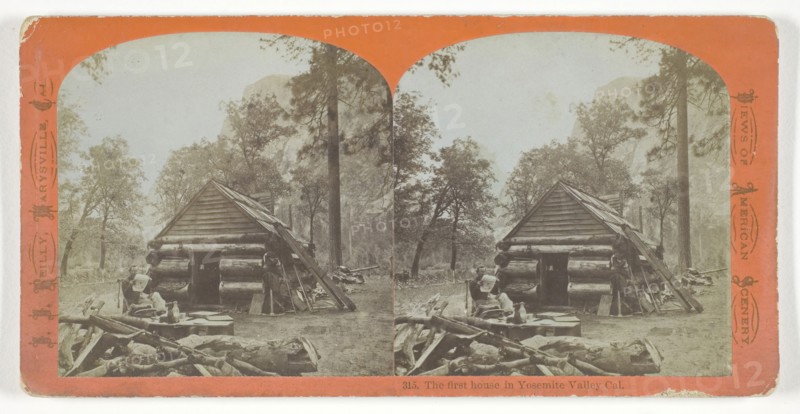The First House in Yosemite Valley, California, 1870/76, John J. Reilly, American, born Scotland, 1838–1894, United States, Albumen print, stereo, No. 315 from the series "Views of American Scenery