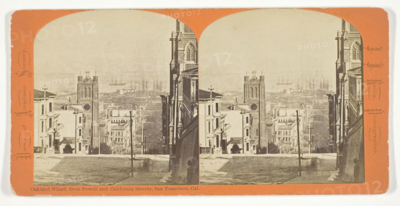 Oakland Wharf, from Powell and California Streets, San Francisco, California, 1870/76, John J. Reilly, American, born Scotland, 1838–1894, United States, Albumen print, stereo, from the series "Views of American Scenery