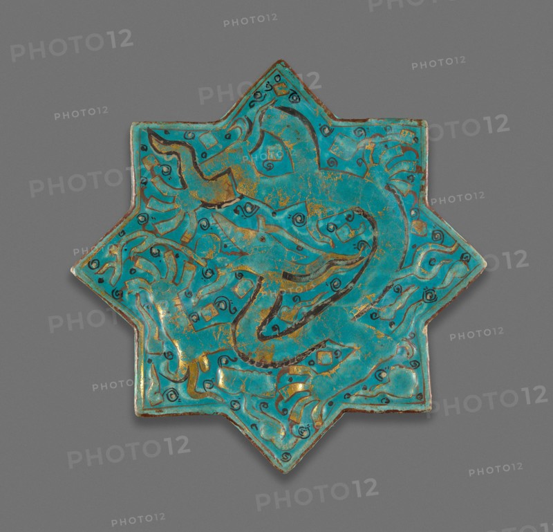 Star-shaped Tile, Ilkhanid dynasty (1256–1353), late 13th century, Iran, Iran, Stone paste with turquoise alkaline tin glaze, enamels, and gold leaf decoration, 19.4 × 19.4 × 2.0 cm. (7 5/8 × 7 5/8 7/8 in.)