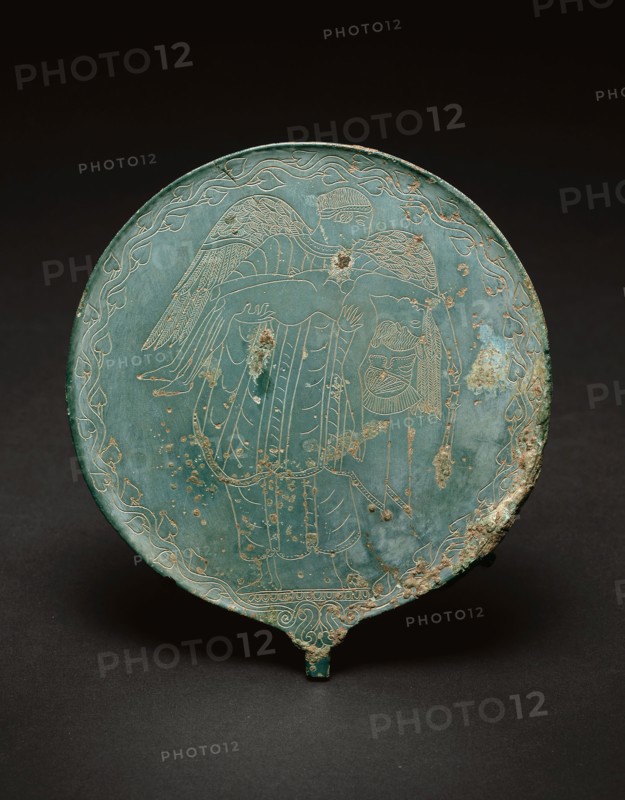 Hand Mirror, 470/450 BC, Etruscan, probably Vulci, Vulci, Bronze, 16.8 × 15.1 × 0.7 cm (6 5/8 × 6 × 5/16 in.) (with tang)