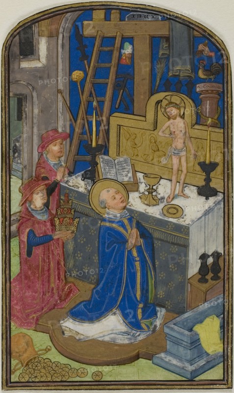 The Mass of St. Gregory, from a Book of Hours, 1460/70, Willem Vrelant or his workshop (Bruges), Netherlandish, flourished 1449-1481, Netherlands, Manuscript cutting in tempera and liquid gold on parchment, 105 x 62 mm