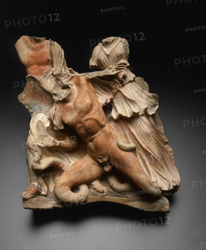 Architectural Relief Depicting the Gigantomachy (Battle Between Gods and Giants), 3rd/2nd century BC, Etruscan, Etruria, terracotta, pigment, 45.8 × 46 × 21.9 cm (18 1/16 × 18 1/8 × 8 5/8 in.)
