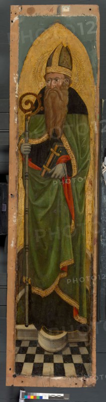 Bishop Saint from an Augustinian altarpiece, 1450/75, Italian, Venice, Venice, Tempera and oil on panel, Panel: 126.2 × 30 cm (49 5/8 × 11 13/16 in.), Painted Surface: 119 × 25.5 cm (46 7/8 × 10 in.)