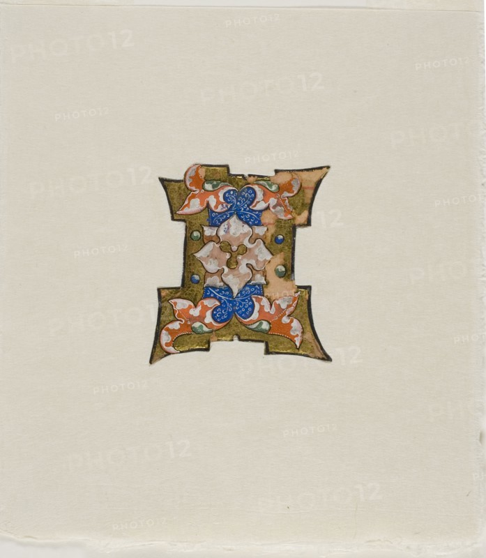 Decorated Initial I in Blue with Foliage and Four Balls, from a Choir Book, 19th century imitation of 14th century style, European, Europe, Manuscript cutting in tempera and gold leaf on vellum, 68 × 64 mm