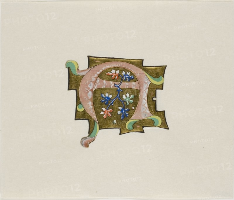Decorated Initial A in Pink with Six Leaves and Two Balls, from a Choir Book, 19th century imitation of 14th century style, European, Europe, Manuscript cutting in tempera and gold leaf on vellum, 83 × 91 mm