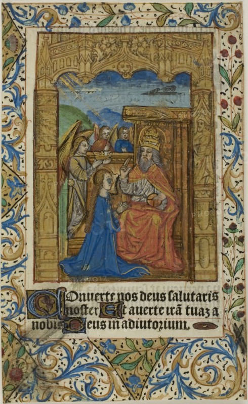 Coronation of the Virgin with Decorative Border from a Prayerbook, n.d., European, Europe, Manuscript cutting in tempera, red, brown and black ink, gold paint and gold leaf, with Latin inscriptions in black ink, ruled in red, and further inscriptions and decorations, verso, on parchment, 163 × 99 mm